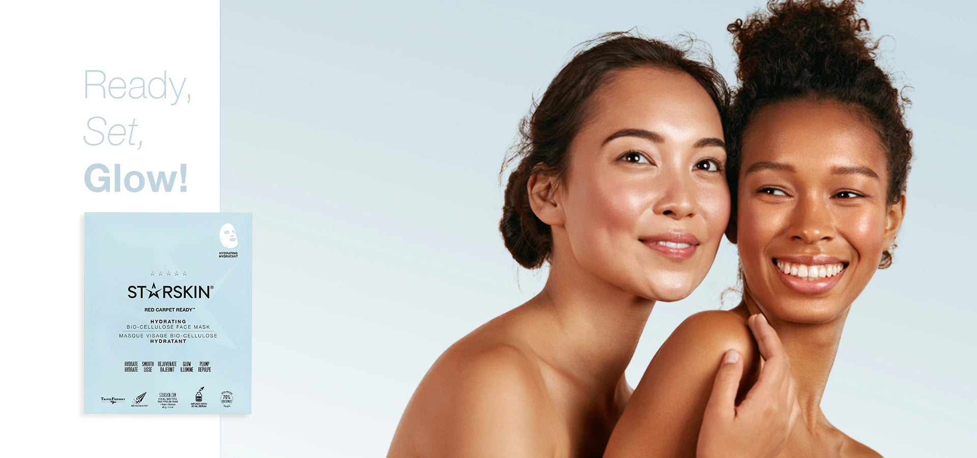 Main banner showing two beautiful women and promoting the Red Carpet Ready Facial mask