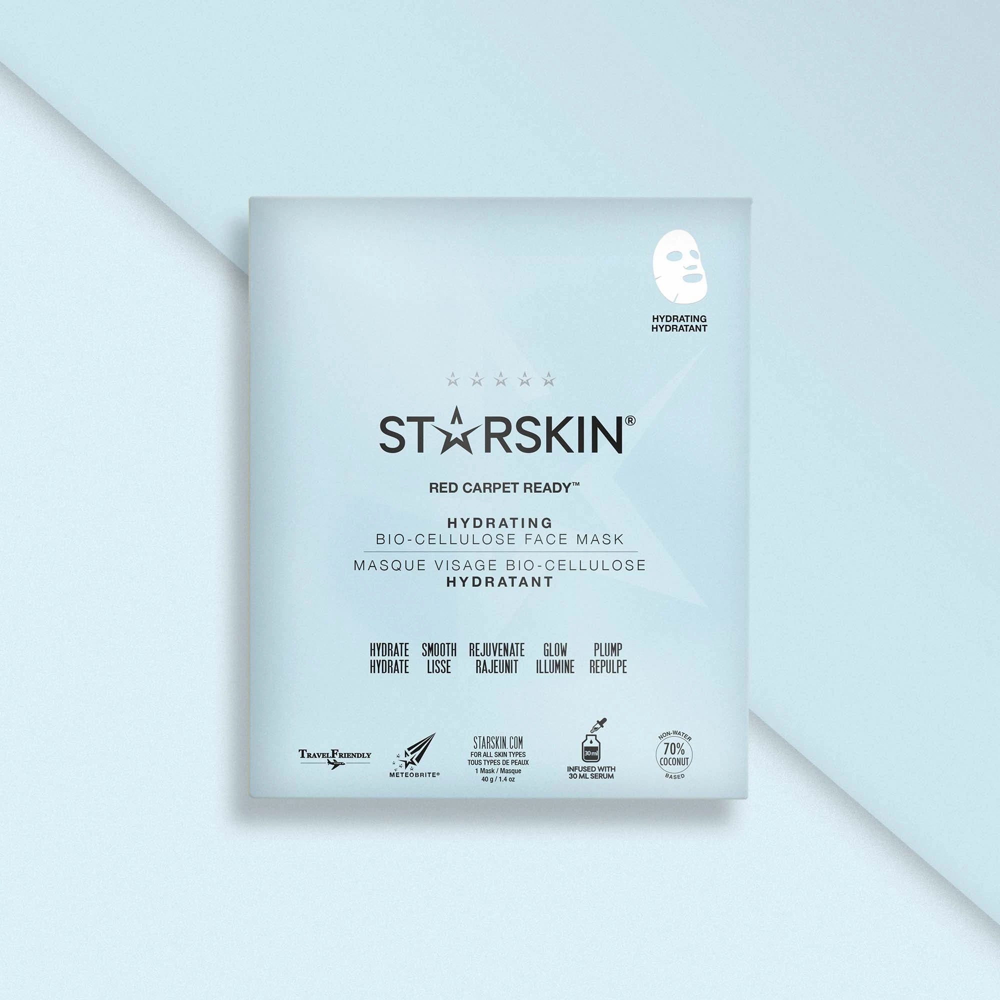 Starskin Red Carpet ready face mask being showcased on a blue background