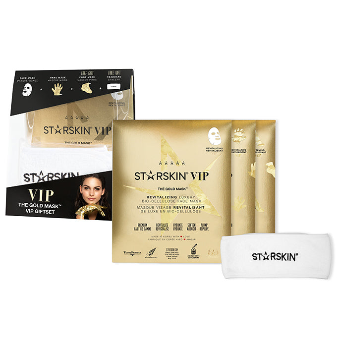 Starskin VIP The Gold Mask Collection giftset showing vip face han and foot mask and hair band