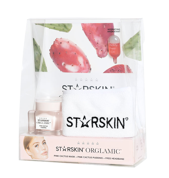 Packshot of the STARSKIN ORGLAMIC Collection giftset packaging with ORGLAMIC Pink Cactus Oil sheet mask, ORGLAMIC Pink Cactus pudding and a STARSKIN head band 