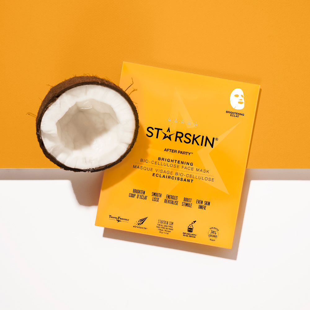 Atmospheric image of the STARSKIN After Party mask on an orange and white background with a coconut