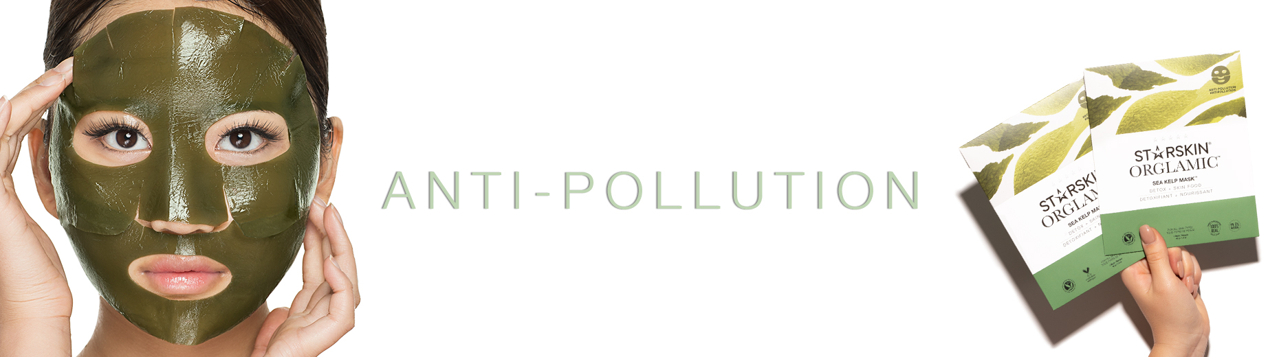 Anti pollution banner with model wearing the starskin sea kelp sheet mask