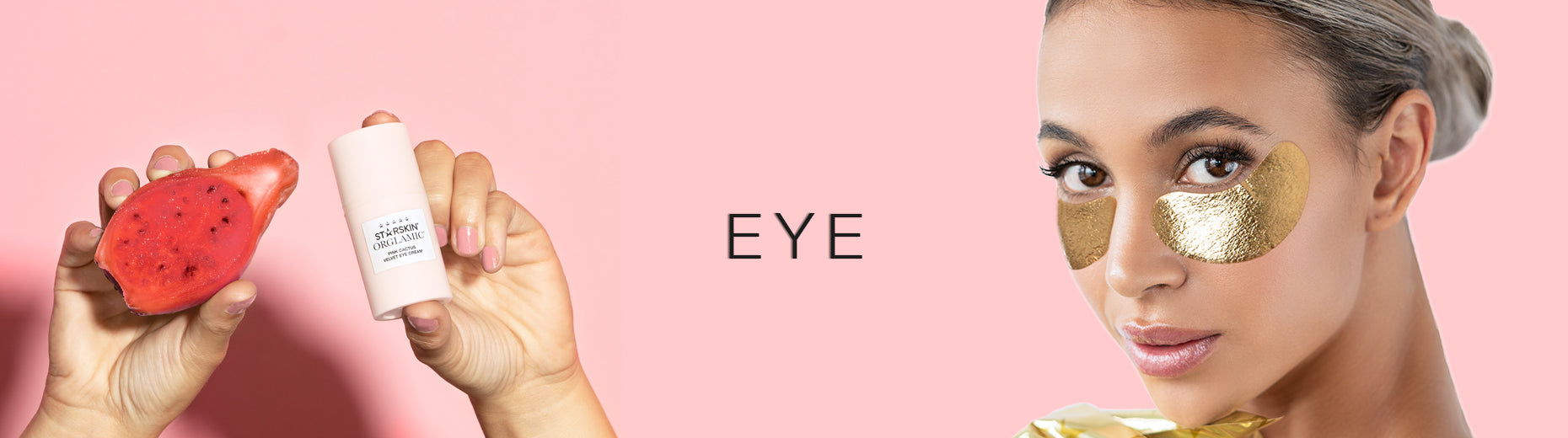 banner eye model wearing vip gold eye patches pink cactus fruit and pink cactus velvet eye creameye c