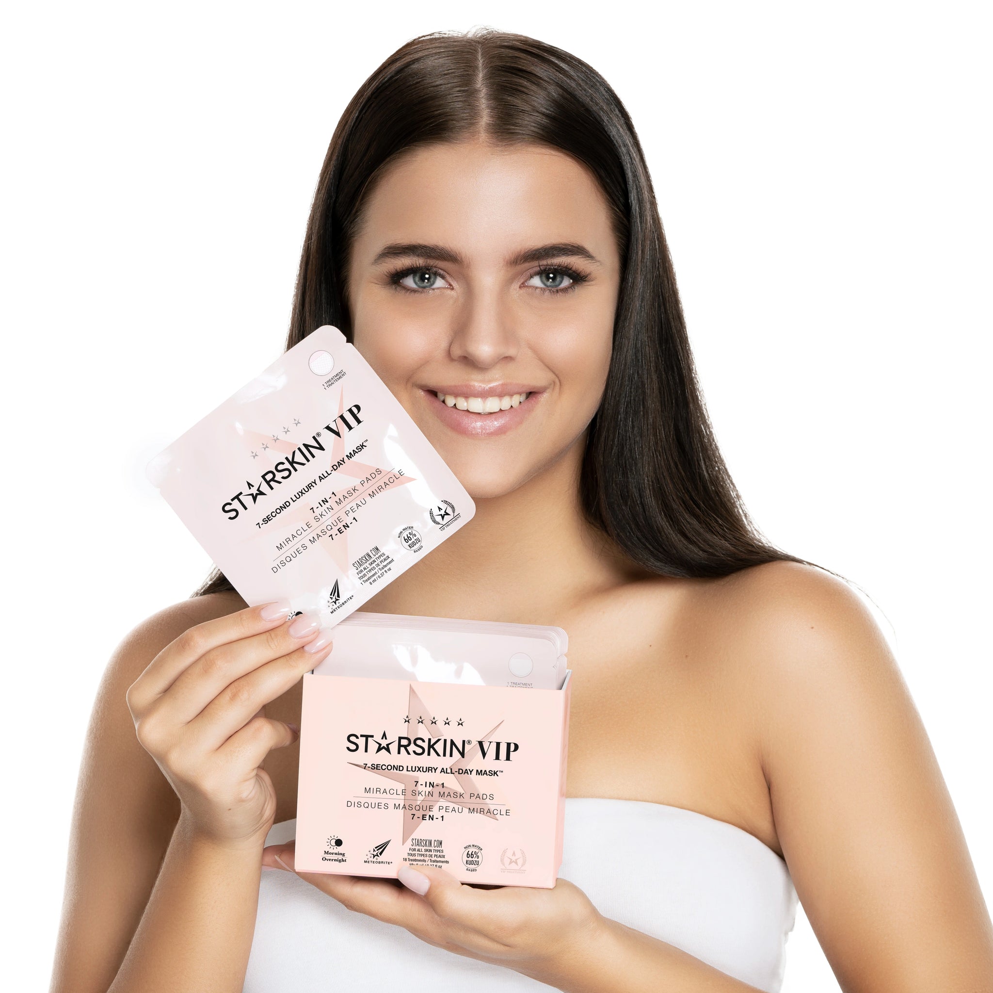 Woman showcasing the Starskin VIP 7-second all-day mask product