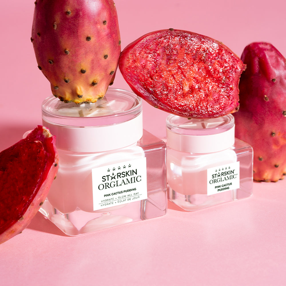 Atmospheric image of the STARSKIN ORGLAMIC Pink Cactus Pudding and the STARSKIN ORGLAMIC Pink Cactus mini Pudding and Pink Cactus Fruit