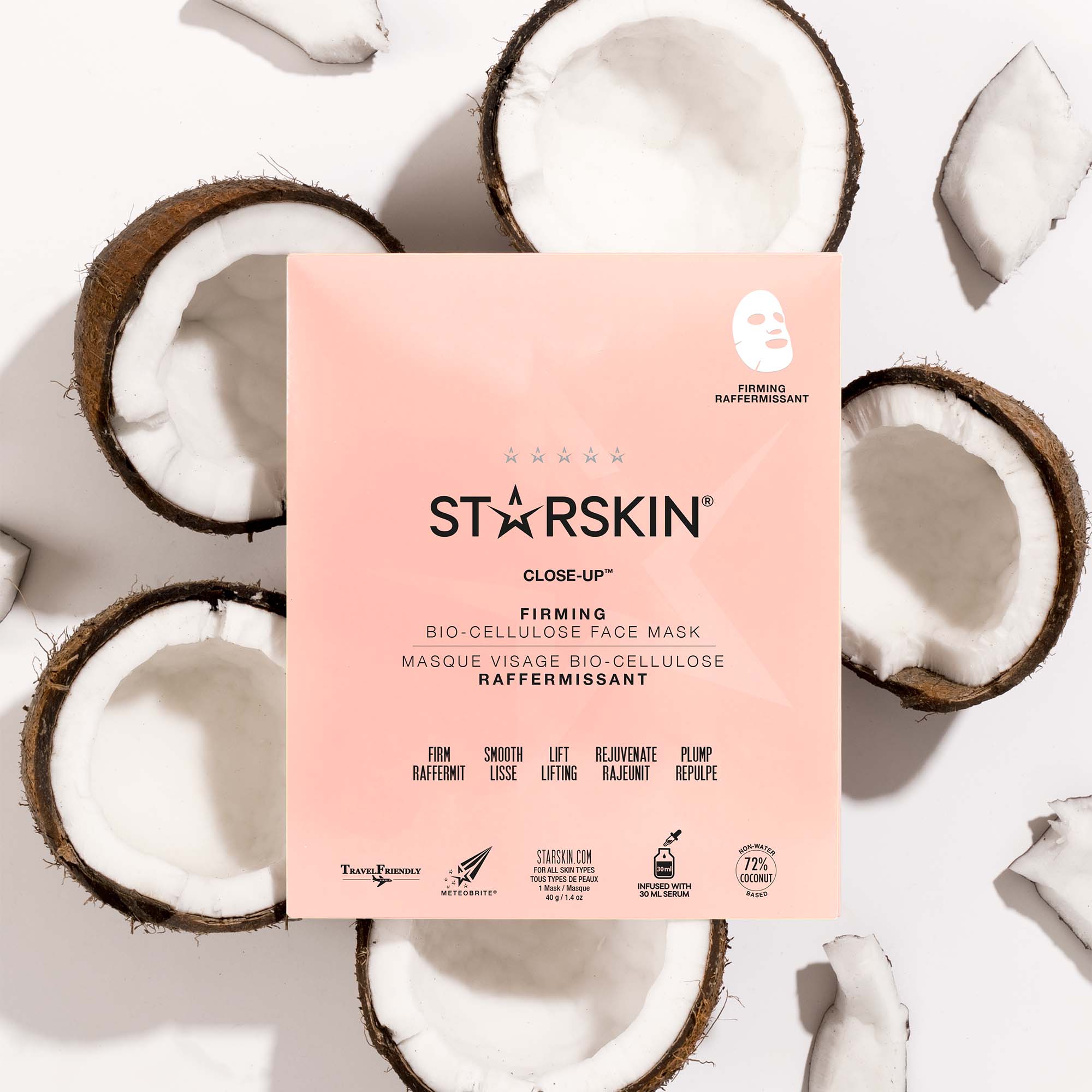 Product packaging of Starskin's Close up face sheet mask. The product is on top of coconuts.