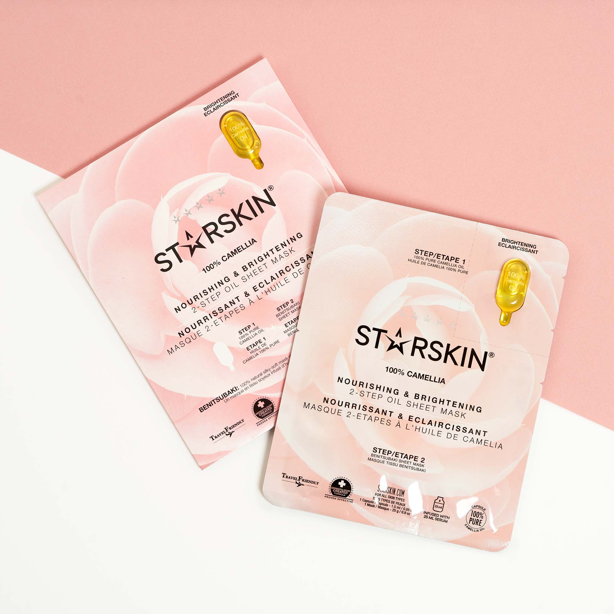 Starskin's Camellia® face sheet mask paper packaging and product packaging being shown on a pink and white background