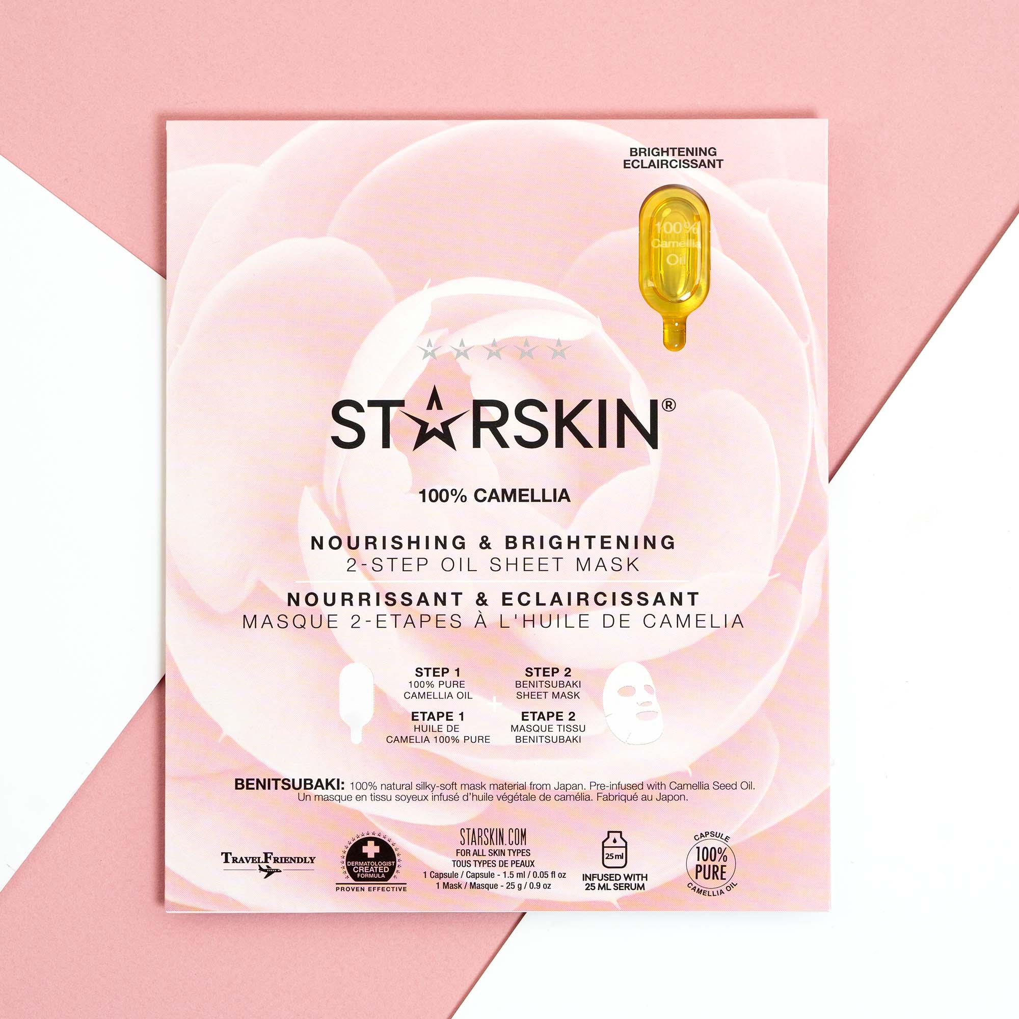 Starskin's Camellia face sheet mask product packaging being shown on a pink and white background