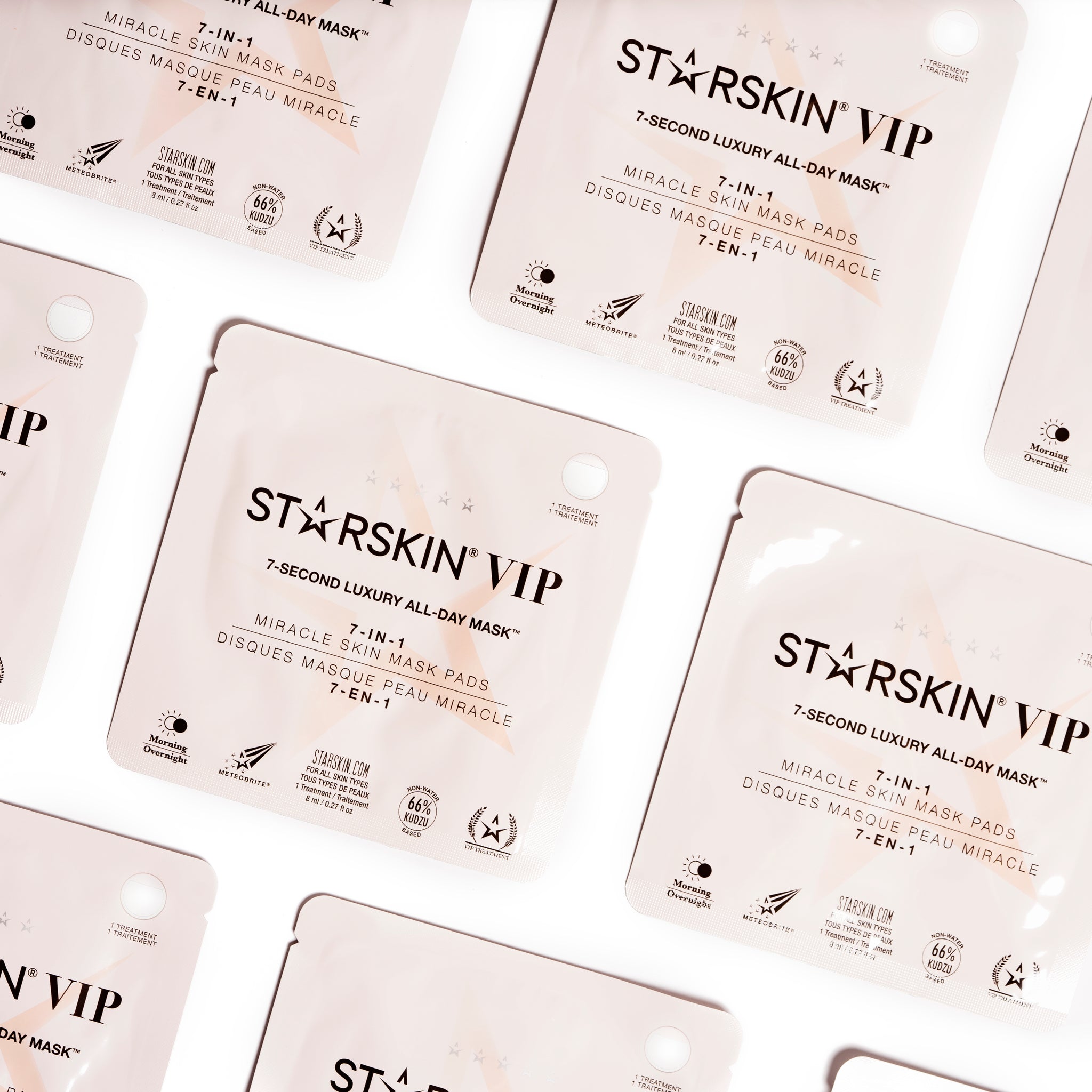 The individual sachets of the starskin 7 second mask. They are all being displayed next to each other in a similar order. 