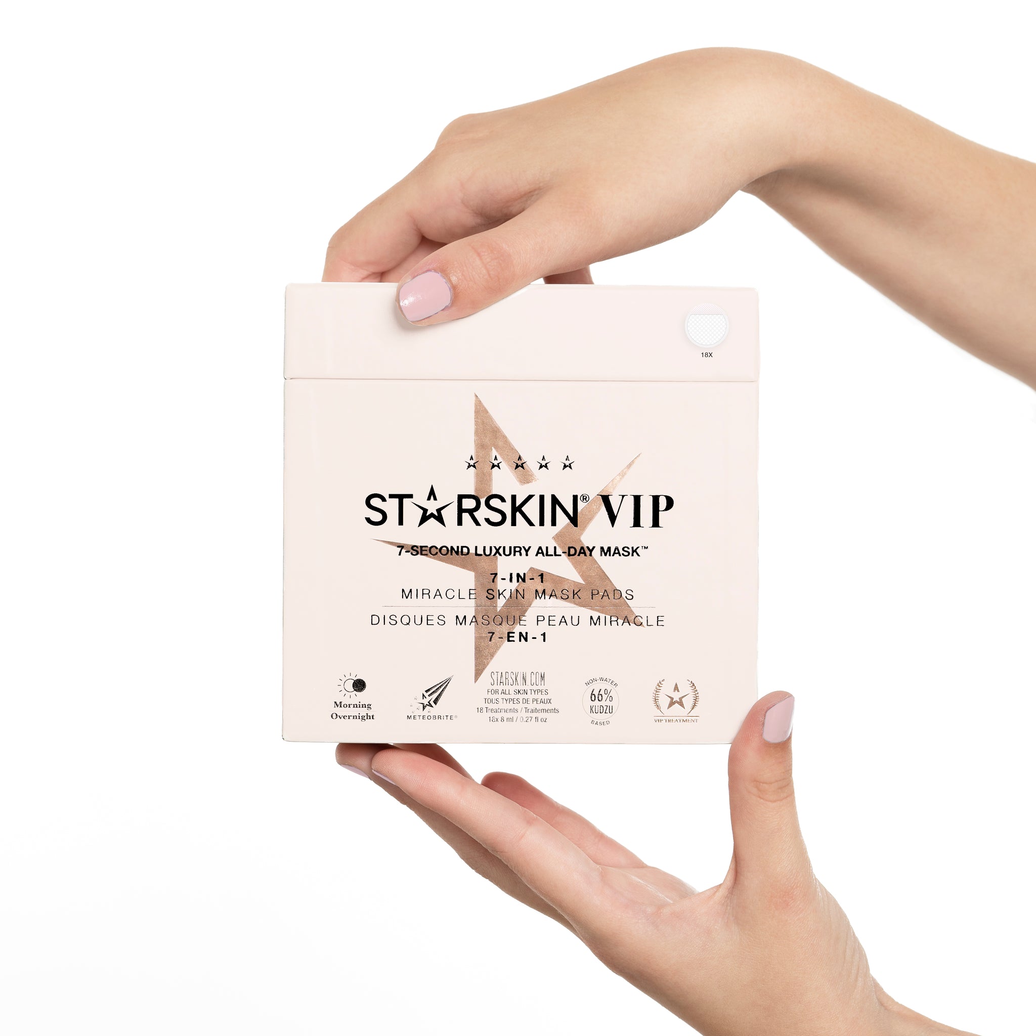 Starskin's 7 Seconds mask product box being held by someone in two hands. 