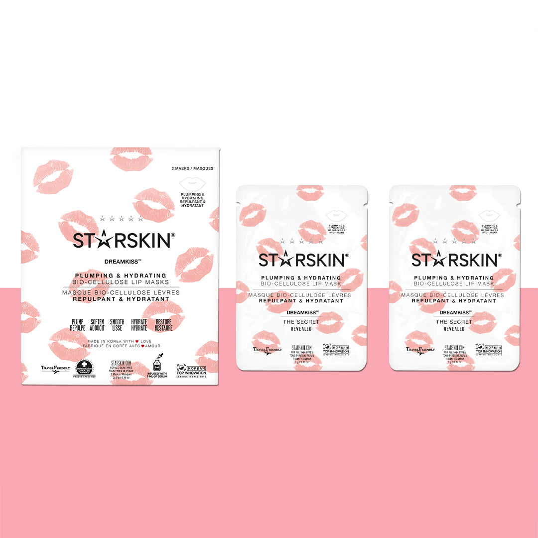 On the left the outside packaging of Starskin Dreamkiss and on the left two sachets of Starskin's Dreamkiss. The top half of the background is white and the bottom is pink