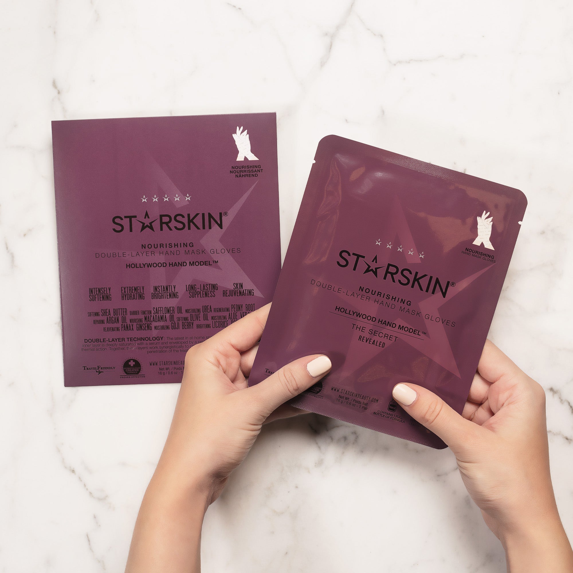 Starskins hollywood hand model packaging on the left while on the rightside the sachet is being held in two hand