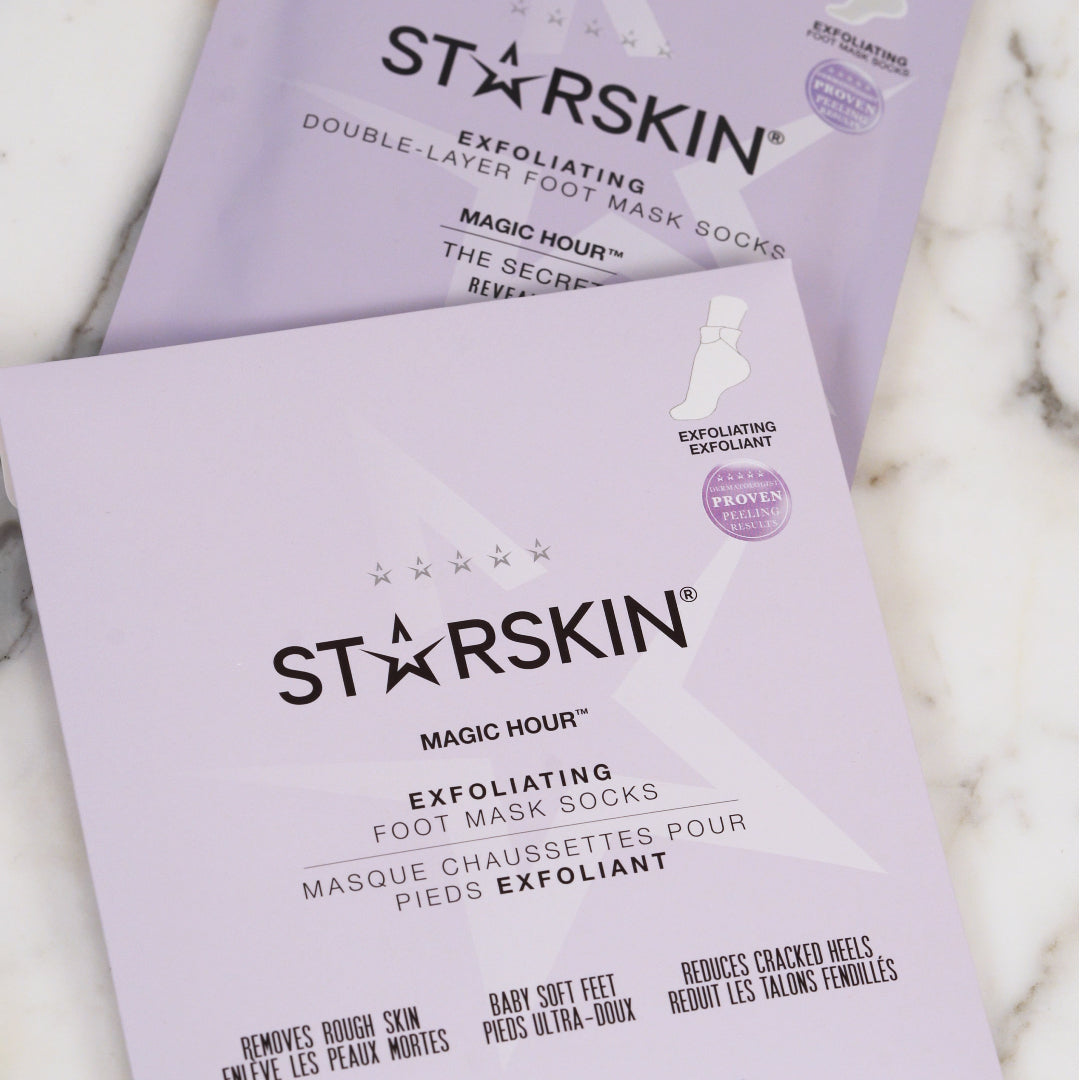 Starskin magic hour product packaging and sachet of the product laying on a marble background