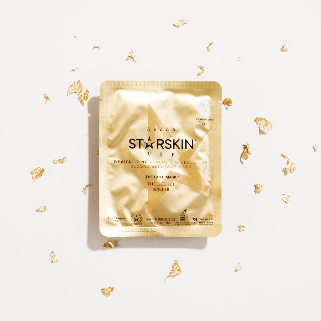 The sachet of Starskin VIP The Gold Mask Bio-cellulose sheet mask with golden flakes