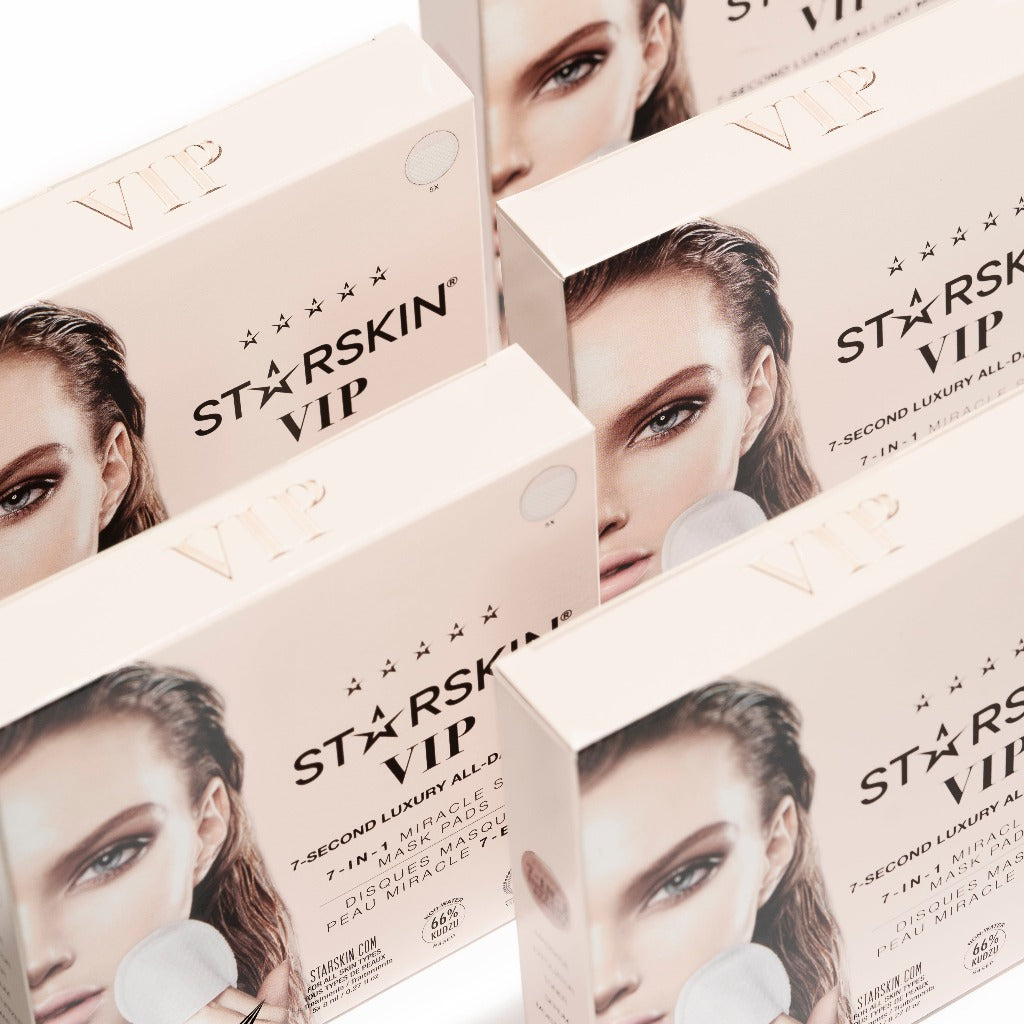 Atmospheric image of five STARSKIN VIP 7-Second Luxury All Day Mask 5 pack playfully placed next to each other