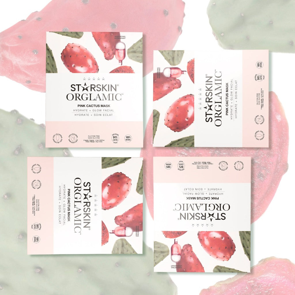 Atmospheric image of four STARSKIN ORGLAMIC Pink Cactus Oil Masks