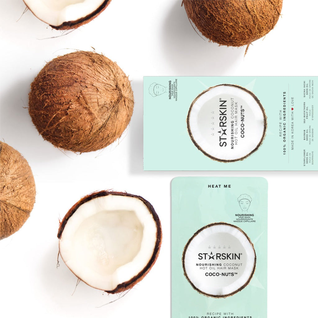 Playful image showing the STARSKIN Coco-Nuts hair mask along with coconuts