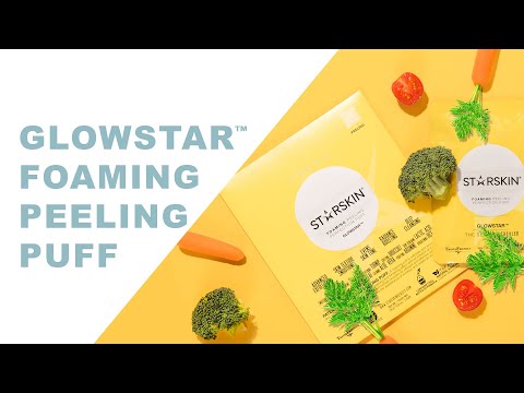 How to use manual of the STARSKIN Glowstar. Model opens the package and pours the substance into a larger sachet and puts the puff in it. Then she adds a few drops of water and creates foam by squeezing the sachet. Then she uses the Glowstar on cleansed skin and cleanses her face with water afterwards