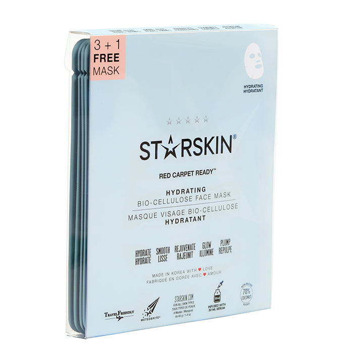 Packshot of the STARSKIN Red Carpet Ready packaging plus bio celluse face sheet mask 4 piece value pack 3+1