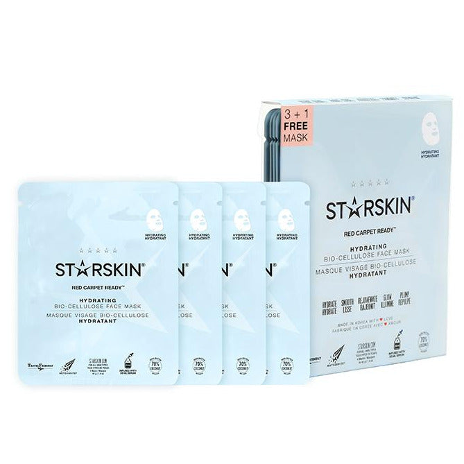 Image of the STARSKIN Red Carpet Ready packaging plus bio celluse face sheet mask 4 piece value pack 3+1 showing 4 pouches