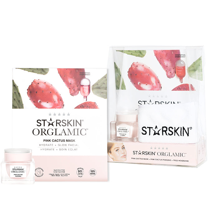 STARSKIN ORGLAMIC Collection giftset with the ORGLAMIC Pink Cactus Oil sheet mask and the ORGLAMIC Pink Cactus Pudding in front of it 